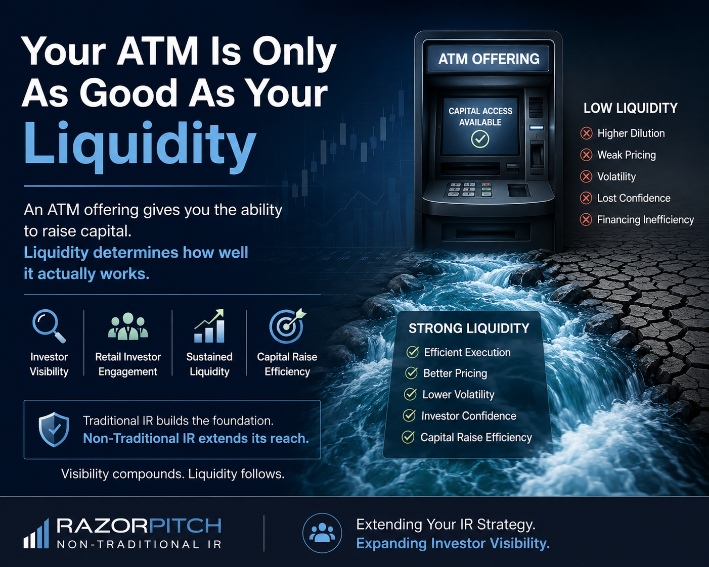 Graphic showing how ATM offering efficiency depends on stock liquidity, investor visibility, and sustained market participation.